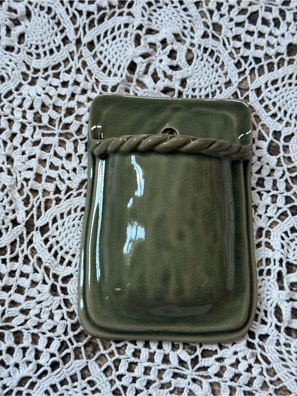 Magnolia Ceramic Wall Pocket Olive Green Rope Trim Farmhouse Decor